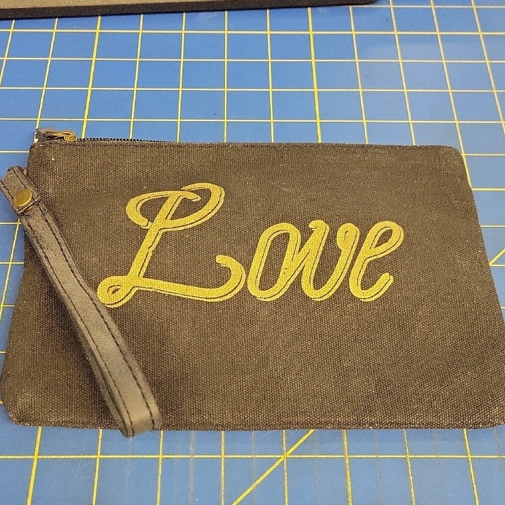 LOVE Canvas Brown 8.5" x 6" Pouch Clutch w Removable Wrist Strap